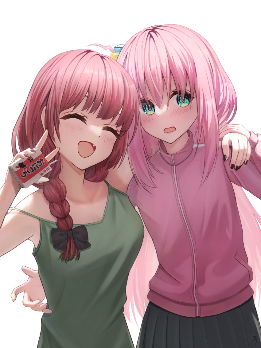 2girls blue_eyes blush bocchi_the_rock! braid closed_eyes cube_hair_ornament dress gotoh_hitori hair_ornament happy highres hiroi_kikuri hover_hand jacket kamota_(kamotadm) looking_at_viewer multiple_girls nail_polish open_mouth pink_hair red_hair shy single_braid skirt smile strap_slip track_jacket v