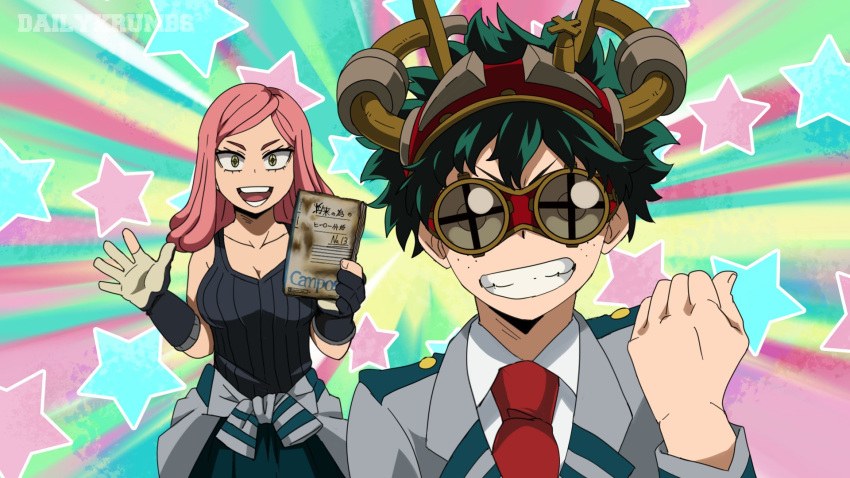 1boy artist_name bare_shoulders blush boku_no_hero_academia breasts collarbone collared_shirt female freckles gloves goggles goggles_on_head green_eyes green_hair grey_jacket grin hand_up hands_up hatsume_mei highres holding jacket krumbs_(dailykrumbs) large_breasts looking_at_viewer medium_hair midoriya_izuku necktie open_mouth pink_hair red_necktie school_uniform shirt short_hair smile starry_background striped symbol-shaped_pupils tank_top u.a._school_uniform waving yellow_eyes