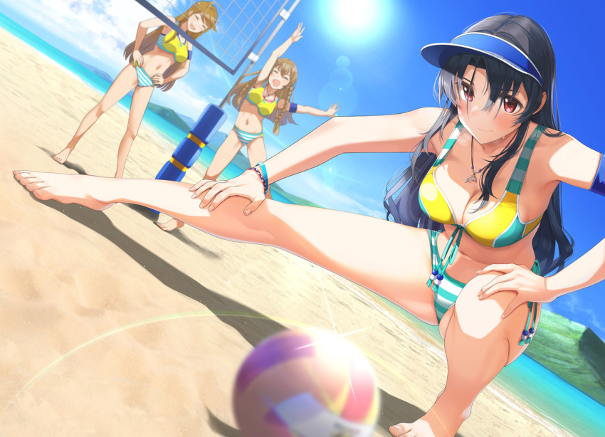 3girls ahoge armband ball bare_legs barefoot beach bikini black_hair blue_sky blurry bracelet braid breasts brown_hair cleavage closed_eyes closed_mouth day depth_of_field dutch_angle fed_(giba) full_body hair_intakes hair_over_eyes idolmaster idolmaster_million_live! idolmaster_million_live!_theater_days jewelry kousaka_umi large_breasts lens_flare long_hair looking_at_viewer mountain multiple_girls navel ocean outdoors red_eyes sand shore sky smile sports_bikini squatting stretching striped_bikini striped_clothes sweat swimsuit takayama_sayoko tokoro_megumi twin_braids visor_cap volleyball volleyball_(object) water