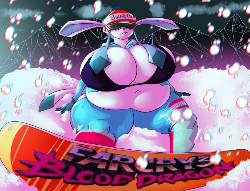 anthro ashley_(sandslash) big_breasts breasts cleavage clothed clothing eeveelution far_cry far_cry_3 far_cry_3:_blood_dragon female fully_clothed generation_4_pokemon glaceon huge_breasts navel nintendo overweight overweight_female pokemon pokemon_(species) snow snowboard solo thebigbadwolf01 thick_thighs ubisoft