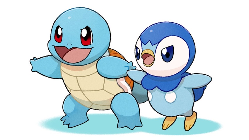 :d blue_eyes commentary_request holding_hands no_humans official_art open_mouth piplup pokemon pokemon_(creature) project_pochama red_eyes smile squirtle standing tiptoes tongue white_background