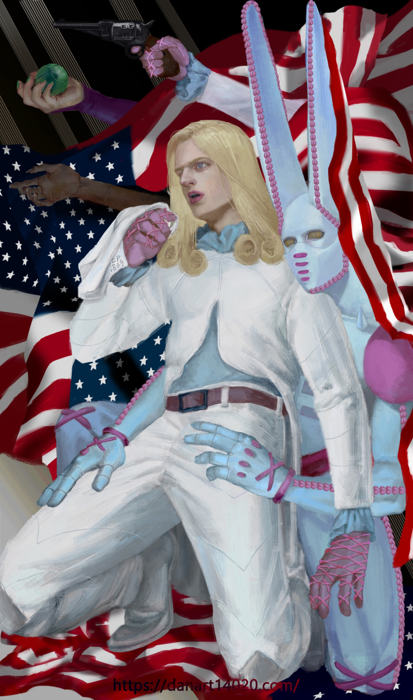 american_flag ball belt blonde_hair blue_eyes coat commentary danart14020 dirty_deeds_done_dirt_cheap funny_valentine gloves gun gyro_zeppeli highres historical_american_flag holding holding_ball holding_gun holding_weapon jojo_no_kimyou_na_bouken long_hair long_sleeves looking_to_the_side male_focus open_mouth pants realistic shirt stand_(jojo) steel_ball_(jojo) steel_ball_run weapon