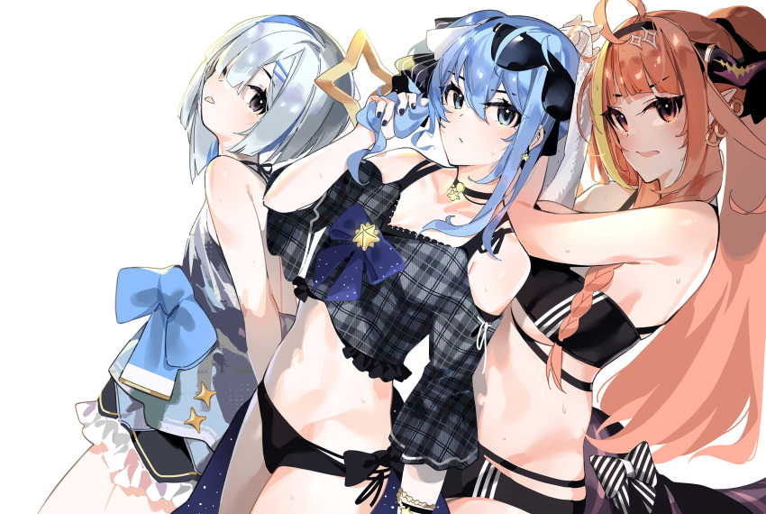 3girls :p ;p adapted_costume ahoge alternate_costume amane_kanata angel bare_shoulders bikini black_bikini black_hairband black_nails blonde_hair blue_eyes blue_hair blunt_bangs blush bow braid breasts choker colored_inner_hair diagonal-striped_bow diagonal_stripes doukyo's dragon_girl dragon_horns dragon_tail earrings eyewear_on_head grey_hair hair_over_one_eye hairband halo highres hololive horns hoshimachi_suisei hoshimachi_suisei_(1st_costume) jewelry kiryu_coco long_hair looking_at_viewer mania_(fd6060_60) multicolored_hair multiple_girls one_eye_closed open_mouth orange_eyes orange_hair pointy_ears ponytail scales short_hair side_ponytail simple_background single_braid streaked_hair striped sunglasses sweat swimsuit tail tongue tongue_out very_long_hair virtual_youtuber white_background