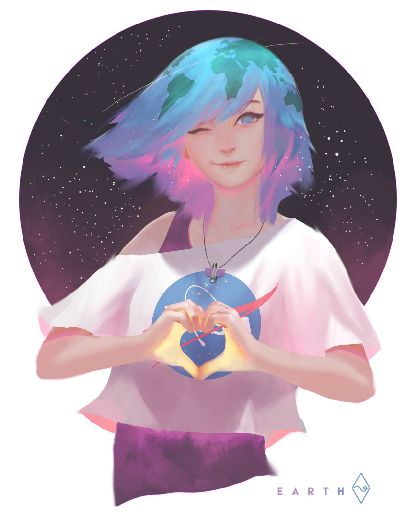 absurdres blue_eyes blue_hair closed_mouth commentary earth-chan english_commentary fahmi_fauzi female gradient_hair green_hair heart heart_hands highres jewelry lips looking_at_viewer multicolored_hair nasa_logo necklace night night_sky no_pupils one_eye_closed original photoshop_(medium) pink_hair revision shirt short_hair short_sleeves sky smile solo space star_(sky) swept_bangs white_shirt