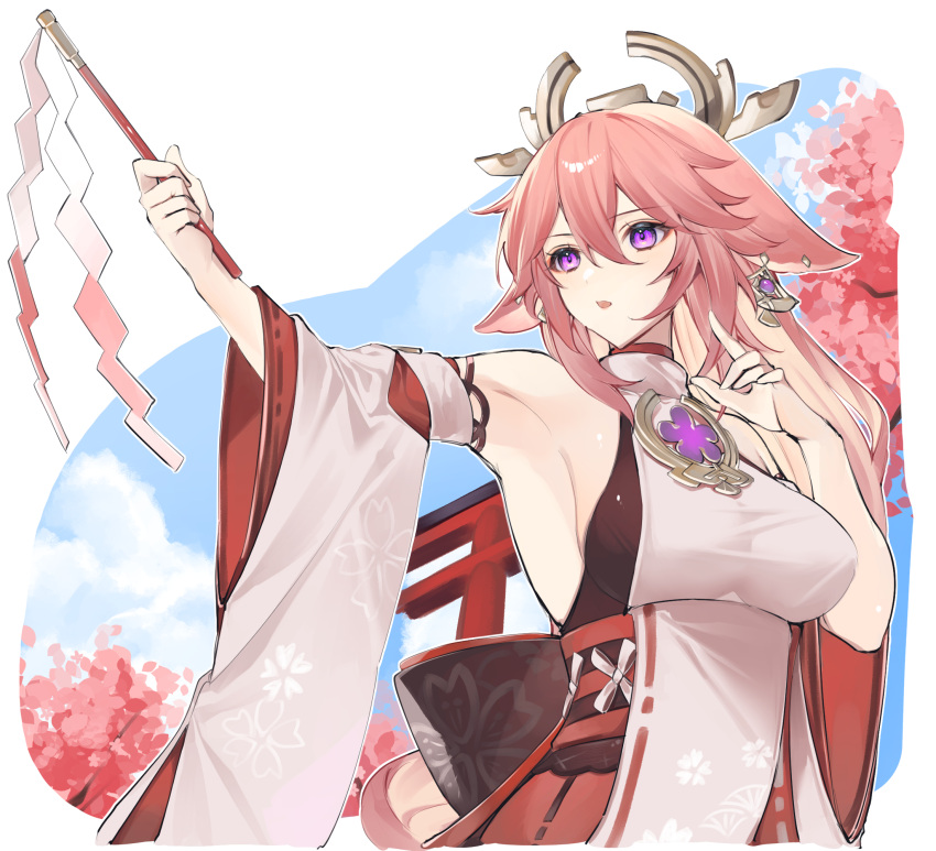 animal_ear_fluff animal_ears armpits bare_shoulders breasts cherry_blossoms commentary_request detached_sleeves earrings ebibi_chiriri female fox_ears genshin_impact genshin_impact_sticker_redraw_(meme) gohei hair_between_eyes hair_ornament highres holding holding_gohei jewelry medium_breasts meme nontraditional_miko pink_hair purple_eyes sideboob sidelocks solo upper_body yae_miko