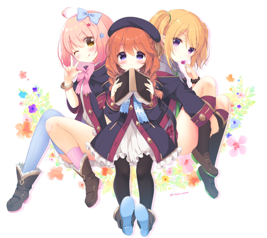 3girls ;q ahoge aono_ribbon asymmetrical_legwear beret black_coat black_headwear black_legwear blonde_hair blue_bow blue_flower blue_thighhighs blush book boots bow brown_flower brown_footwear brown_hair candy chieru_(princess_connect!) chloe_(princess_connect!) closed_mouth coat collared_shirt commentary_request dress elf flower food green_necktie grey_shirt hair_between_eyes hair_ornament hair_over_shoulder hairbow hand_up hat holding holding_book holding_candy holding_food holding_lollipop hood hood_down hooded_coat kneehighs loafers lollipop long_hair long_sleeves mismatched_legwear multiple_girls necktie one_eye_closed open_book open_clothes open_coat pantyhose photoshop_(medium) pink_bow pink_hair pink_legwear plaid plaid_skirt pleated_skirt pointy_ears princess_connect! purple_eyes purple_flower red_flower red_skirt ribbed_legwear school_uniform shirt shoe_soles shoes short_hair sidelocks single_sock single_thighhigh skirt smile socks st._theresa's_girls_academy_school_uniform star_(symbol) star_hair_ornament star_in_eye symbol_in_eye thighhighs tongue tongue_out twintails twitter_username w white_background white_dress yellow_flower yuni_(princess_connect!)