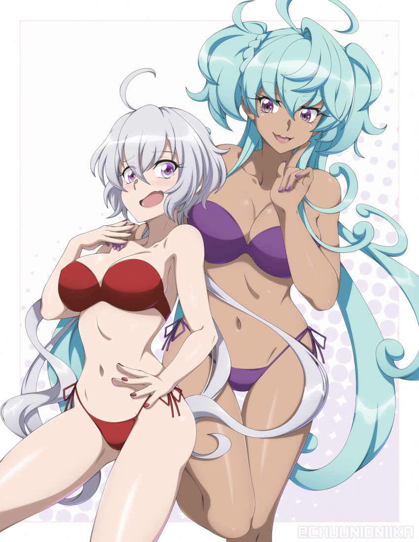 2girls absurdres ahoge aqua_hair artist_name between_breasts bikini braid breasts cagliostro_(symphogear) chuunioniika collarbone commission dark-skinned_female dark_skin grey_hair highres hip_bones large_breasts long_hair low_twintails midriff multiple_girls nail_polish navel open_mouth purple_bikini purple_eyes red_bikini senki_zesshou_symphogear side-tie_bikini_bottom smile strapless strapless_bikini swimsuit thighhighs twintails two_side_up very_long_hair yukine_chris yuri