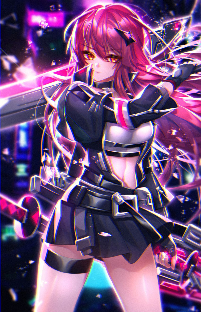 absurdres belt belt_buckle black_belt black_gloves black_jacket black_skirt blurry blurry_background breasts buckle closed_mouth cowboy_shot crop_top dual_wielding elesis_sieghart female fingerless_gloves floating_hair gloves grand_chase hair_between_eyes highres holding holding_sword holding_weapon jacket long_hair looking_at_viewer medium_breasts midriff miniskirt open_clothes open_jacket pink_hair pleated_skirt rourou_(been) skirt solo standing stomach sword very_long_hair weapon yellow_eyes