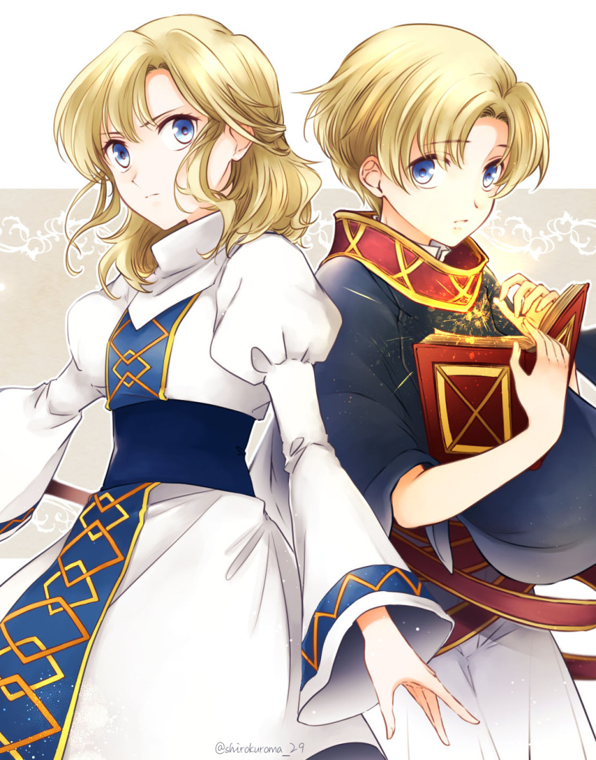 1boy blonde_hair blue_eyes brother_and_sister closed_mouth female fire_emblem fire_emblem:_new_mystery_of_the_emblem highres holding holding_weapon jubelo_(fire_emblem) looking_at_viewer magic shirokuroma_29 siblings simple_background upper_body weapon yuliya_(fire_emblem)