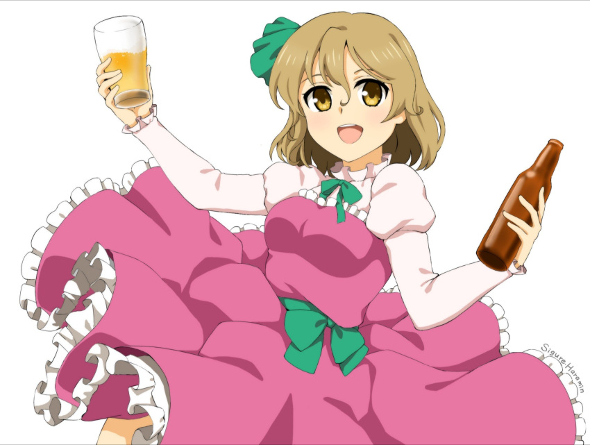 alcohol beer_mug beerko bottle bow breasts commentary_request cup dress female frilled_dress frills green_bow green_neckwear green_ribbons green_sash hair_ribbon haramin3 highres holding holding_bottle juliet_sleeves light_brown_hair long_sleeves medium_breasts mug open_mouth original puffy_sleeves purple_dress ribbon sash short_hair simple_background solo teeth upper_teeth_only white_background white_sleeves yellow_eyes