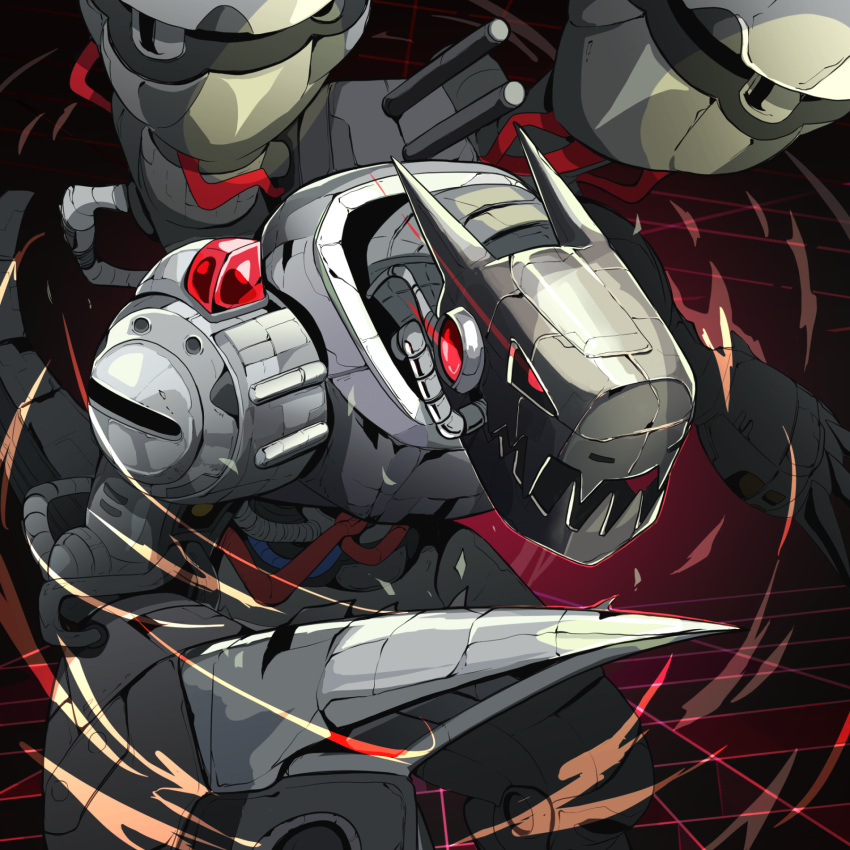 black_sclera cable claws colored_sclera commentary digimon digimon_(creature) eye_trail gradient_background highres horns joints light_trail mugendramon no_humans non-humanoid_robot red_background red_eyes robot robot_joints sharp_teeth solo taoru_(towtowru) teeth