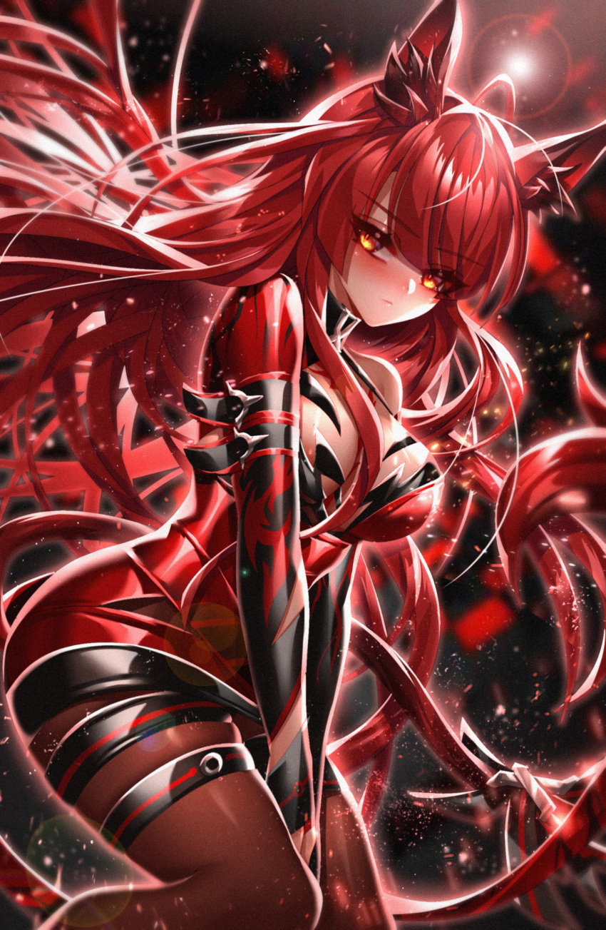 absurdres animal_ears areolae bloody_queen_(elsword) blush bodysuit breasts brown_pantyhose closed_mouth elesis_(elsword) elsword female floating_hair fox_ears highres lens_flare long_hair long_sleeves looking_at_viewer medium_breasts pantyhose red_hair rourou_(been) solo very_long_hair yellow_eyes