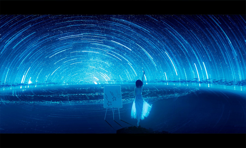 arm_up beach blue_theme canvas_(object) chocoshi commentary_request dress easel facing_away female from_behind holding holding_paintbrush letterboxed light_particles ocean original outdoors paintbrush painting_(object) scenery see-through_silhouette short_hair sky solo standing star_(sky) star_(symbol) star_trail starry_sky sundress