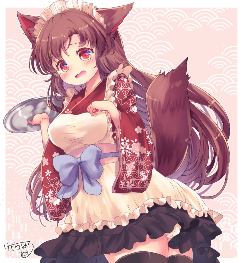 alternate_costume animal_ears apron black_thighhighs blue_bow blue_bowtie blush bow bowtie commentary cowboy_shot female headdress highres holding holding_tray imaizumi_kagerou japanese_clothes kemo_chiharu kimono long_sleeves maid open_mouth panties pantyshot pink_background red_eyes red_kimono signature solo standing tail thighhighs touhou tray underwear wa_maid white_apron white_panties wide_sleeves wolf_ears wolf_girl wolf_tail