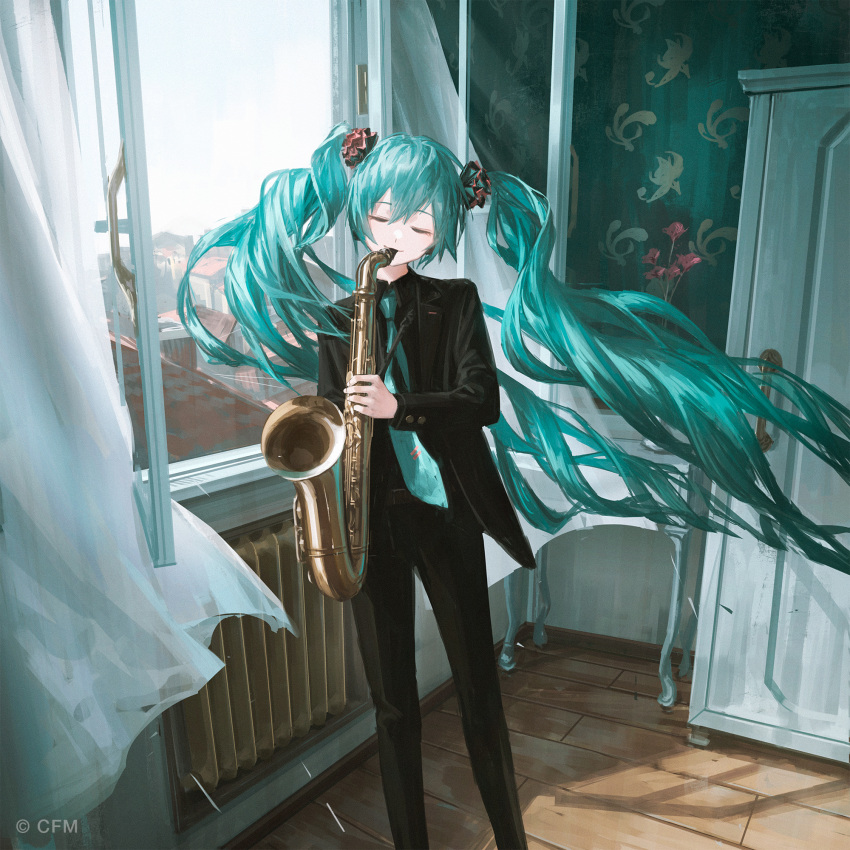 alto_saxophone aqua_hair cityscape closed_eyes closet commentary curtains female flower formal hatsune_miku heater highres indoors instrument light_smile long_hair music necktie open_window pant_suit pants plant playing_instrument potted_plant radiator reoen saxophone solo suit symbol-only_commentary twintails very_long_hair vocaloid wind wind_lift window wooden_floor