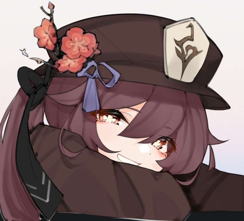 absurdres black_bow blush bow brown_hair brown_hat commentary error1980 female flower flower-shaped_pupils genshin_impact half-closed_eyes hat hat_bow hat_flower hat_tassel highres hu_tao_(genshin_impact) long_hair looking_at_viewer plum_blossoms porkpie_hat portrait red_eyes red_flower sidelocks smile solo symbol-shaped_pupils talisman twintails