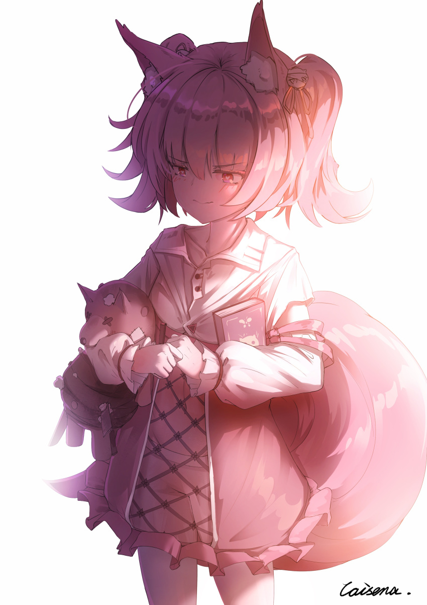 absurdres animal_ear_fluff animal_ears arknights backlighting blush book caisena closed_mouth collarbone collared_shirt cowboy_shot female fox_ears fox_girl fox_tail frilled_skirt frills hair_ornament heart heart-shaped_pupils highres holding holding_book holding_stuffed_toy looking_away midriff morte_(arknights) navel pink_hair pink_skirt red_eyes see-through shamare_(arknights) shirt short_hair signature skirt smile solo standing stuffed_animal stuffed_toy symbol-shaped_pupils tail twintails white_background white_shirt