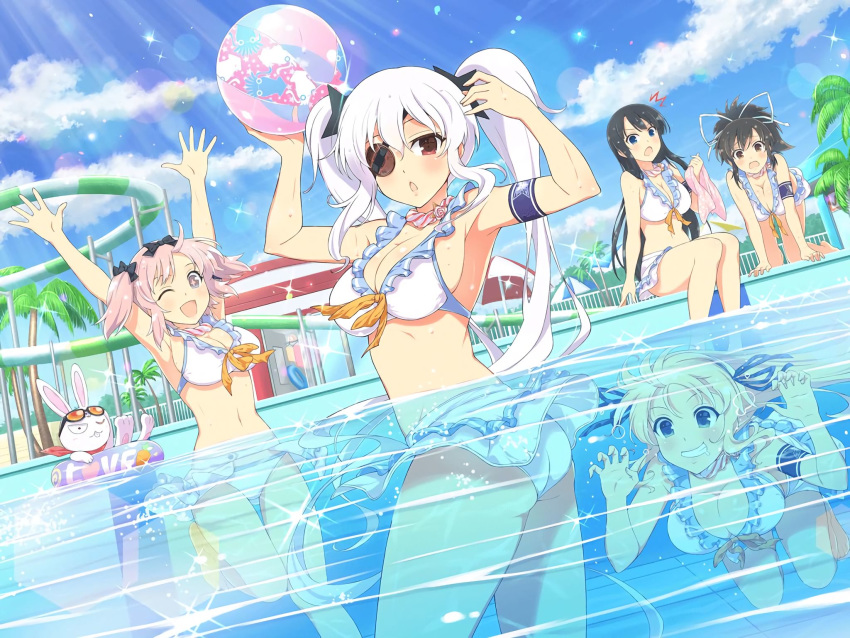 5girls :o ;d all_fours animal armband arms_up ass asuka_(senran_kagura) ball barefoot beach_umbrella beachball bikini black_hair black_ribbon blonde_hair blue_armband blue_eyes blue_ribbon blush breasts brown_eyes cleavage cloud cloudy_sky day dutch_angle english_text eyepatch frilled_bikini frills grin hair_ornament hair_ribbon hibari_(senran_kagura) highres holding holding_ball ikaruga_(senran_kagura) innertube katsuragi_(senran_kagura) kneeling large_breasts long_hair looking_at_viewer multiple_girls navel ninto_(senran_kagura) official_art one_eye_closed open_mouth outdoors palm_tree partially_underwater_shot pink_hair ponytail pool poolside rabbit red_eyes red_scarf ribbon scarf senran_kagura senran_kagura_new_link short_hair short_twintails shuriken sitting sky smile soaking_feet squid_print standing sunglasses sunlight surprised swim_ring swimsuit symbol-shaped_pupils towel tree twintails umbrella underwater wading water_slide weapon white_bikini white_hair white_ribbon yaegashi_nan yagyu_(senran_kagura) yellow_ribbon