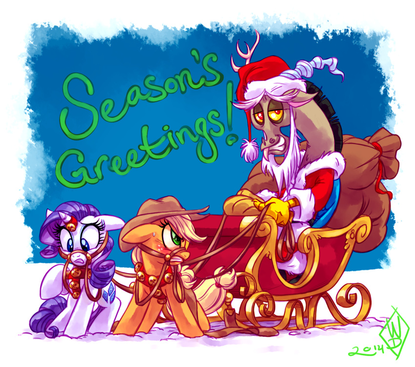 2014 accessory antlers applejack_(mlp) beard bell blonde_hair blonde_mane blue_eyes bodily_fluids bridle chimera christmas christmas_clothing christmas_headwear clothing cowboy_hat cutie_mark digital_media_(artwork) discord_(mlp) draconequus earth_pony equid equine eyebrows eyelashes facial_hair feral freckles friendship_is_magic furgonomics green_eyes group hair hair_accessory half-closed_eyes hasbro hat headgear headwear holidays horn horn_accessory horse male mammal mane my_little_pony mythological_creature mythological_equine mythology narrowed_eyes orange_body pony purple_hair purple_mane purple_tail rarity_(mlp) red_eyes reins santa_hat signature smile sweat sweatdrop tail tail_accessory trio unicorn white_body whitediamonds yellow_sclera yellow_tail