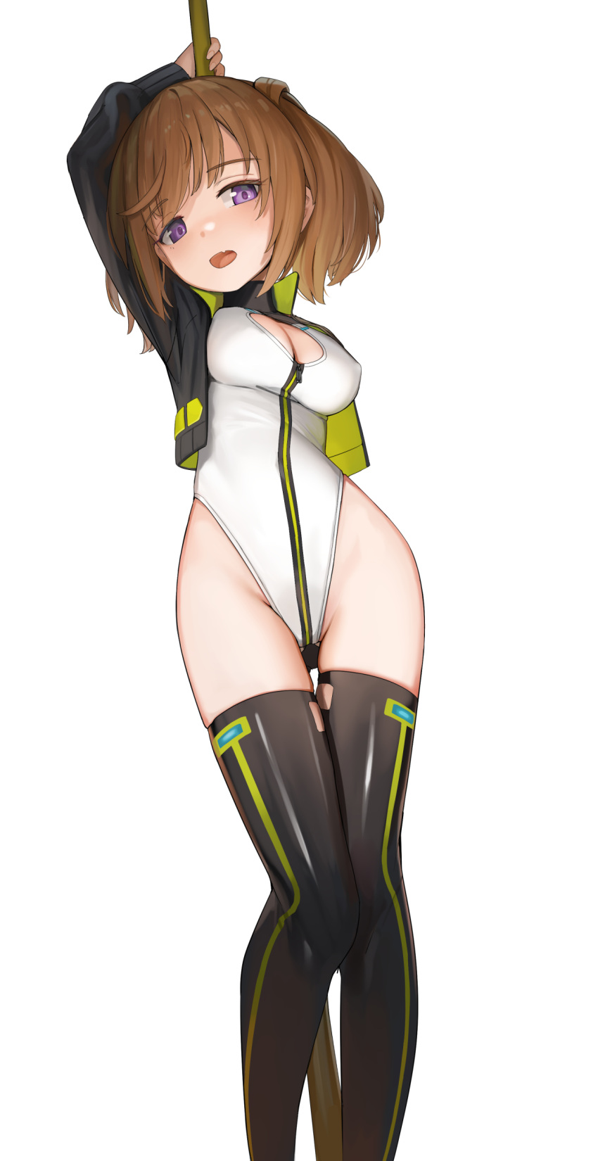 absurdres alice_gear_aegis arm_up ass_visible_through_thighs black_hair black_jacket black_thighhighs blush breasts brown_hair cleavage cleavage_cutout clothing_cutout companion/af covered_nipples cropped_jacket female front_zipper full-length_zipper green_jacket groin highleg highleg_leotard highres holding holding_pole jacket kimikage_yui legs leotard looking_at_viewer multicolored_clothes multicolored_jacket oerba_yun_fang open_mouth pole purple_eyes race_queen racing_stripes short_hair skin_tight solo standing sunga2usagi thigh_gap thighhighs thighs turtleneck turtleneck_leotard twintails two-tone_jacket white_leotard zipper zipper_leotard zipper_pull_tab