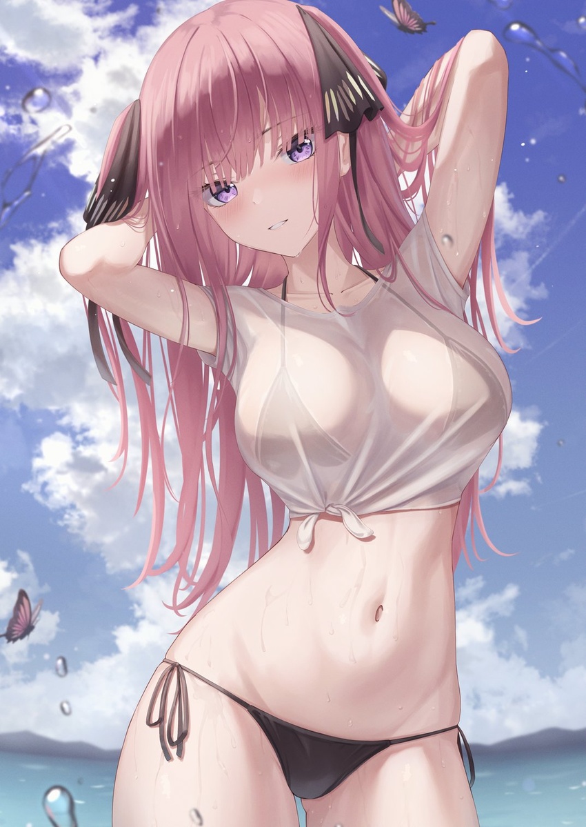 arms_behind_head bad_id bad_twitter_id bikini bikini_under_clothes black_bikini black_ribbon blue_eyes blue_sky breasts butterfly_hair_ornament cloud day female go-toubun_no_hanayome hair_ornament hair_ribbon highres large_breasts long_hair looking_at_viewer marinesnow nakano_nino navel no_pants ocean outdoors red_hair ribbon shirt sky solo swimsuit tied_shirt