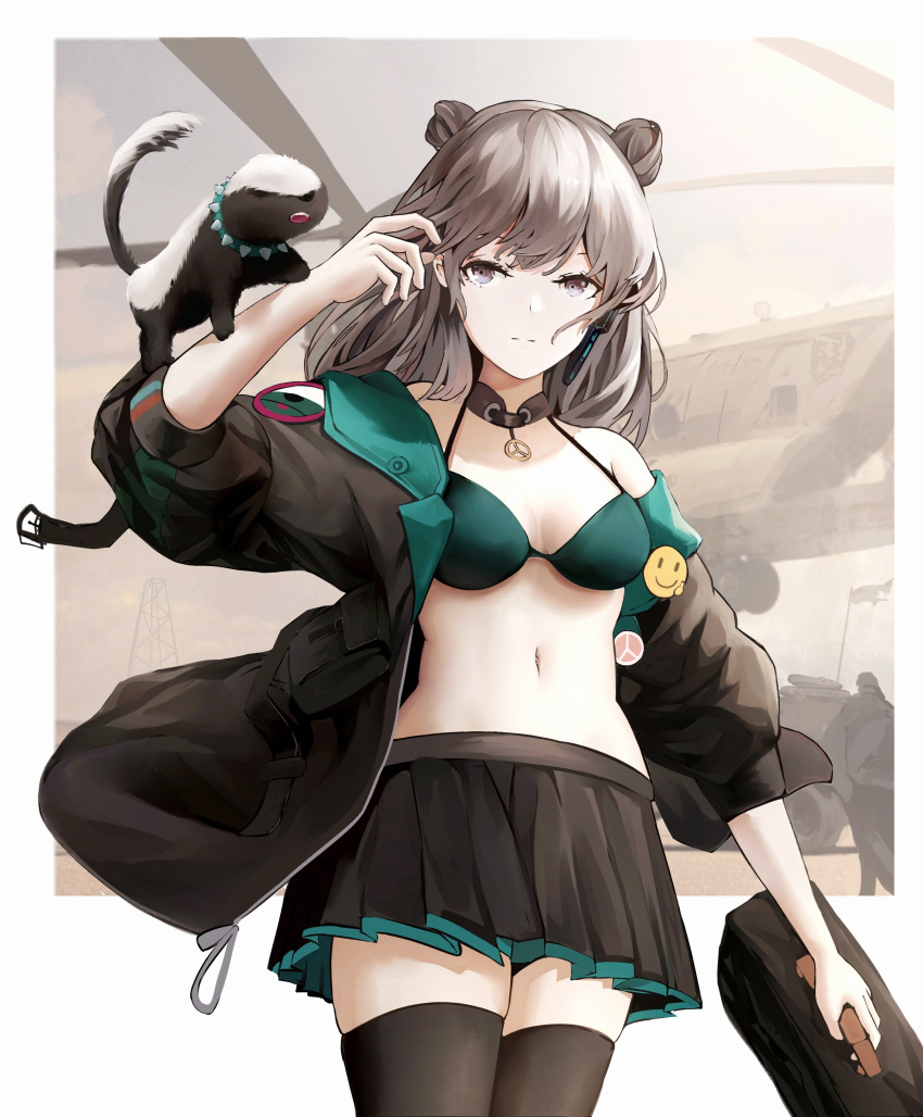 absurdres amamizu_shizuku bag black_skirt black_thighhighs bra breasts brown_hair brown_jacket closed_mouth commission double_bun female girls'_frontline green_bra grey_eyes hair_bun hair_ornament hand_up highres holding holding_bag honey_badger_(girls'_frontline) jacket long_hair looking_at_viewer navel no_shirt pixiv_commission skirt small_breasts solo standing thighhighs underwear