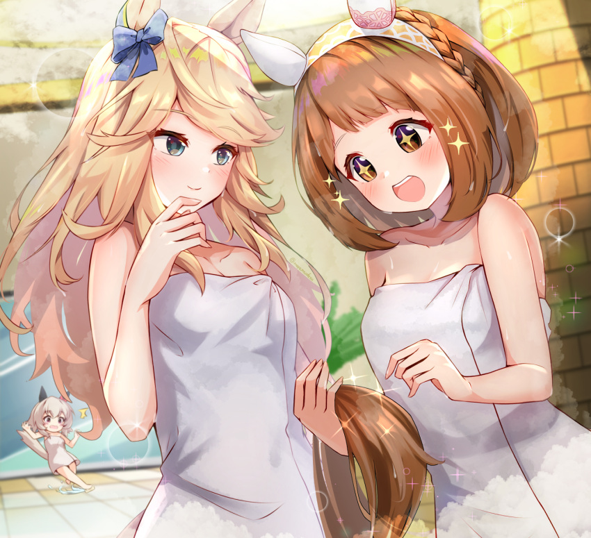 +_+ 3girls :d ^^^ animal_ears bad_id bad_pixiv_id bare_arms bare_shoulders blonde_hair blue_bow blue_eyes blush bow braid breasts brick_wall brown_eyes brown_hair cleavage commentary_request curren_chan_(umamusume) ear_bow gold_city_(umamusume) grey_hair hairband highres holding_own_tail horse_ears horse_girl horse_tail indoors meyamu multiple_girls naked_towel red_eyes slipping small_breasts smile sparkle tail teeth towel umamusume upper_teeth_only white_hairband yukino_bijin_(umamusume)