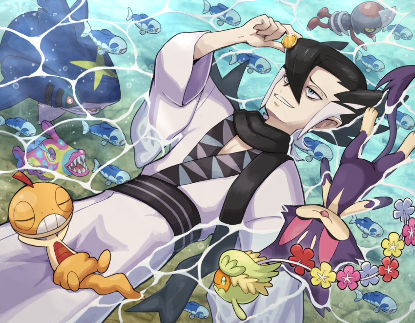 1boy black_scarf blue_eyes bruxish coin comfey grimsley_(pokemon) hair_between_eyes holding holding_coin japanese_clothes kimono looking_at_object lying multicolored_hair on_back on_water pawniard pokemoa pokemon pokemon_(creature) pokemon_on_leg pokemon_sm purrloin scarf scraggy sharpedo smile teeth two-tone_hair water wet wet_clothes white_hair wishiwashi wishiwashi_(solo)