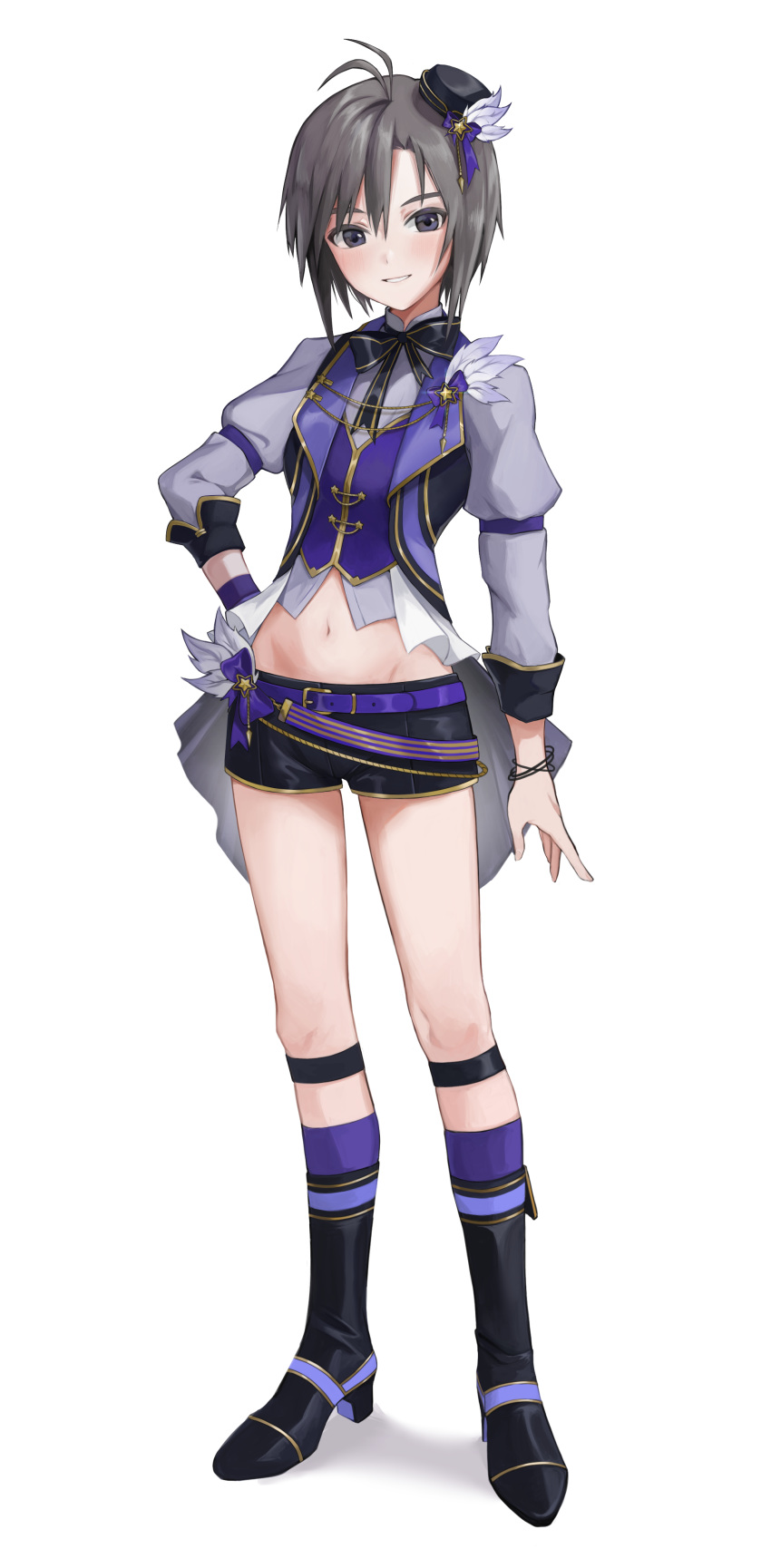 absurdres antenna_hair armband bad_id bad_pixiv_id belt black_footwear black_hair black_hat black_shorts black_socks boots bracelet commentary feathers female full_body grey_eyes groin hand_on_own_hip hat hd_(sw4189101) highres idolmaster jewelry kikuchi_makoto long_sleeves looking_at_viewer midriff mini_hat navel purple_armband purple_belt purple_vest shadow shirt shorts smile socks solo standing tailcoat thighs vest white_feathers white_shirt