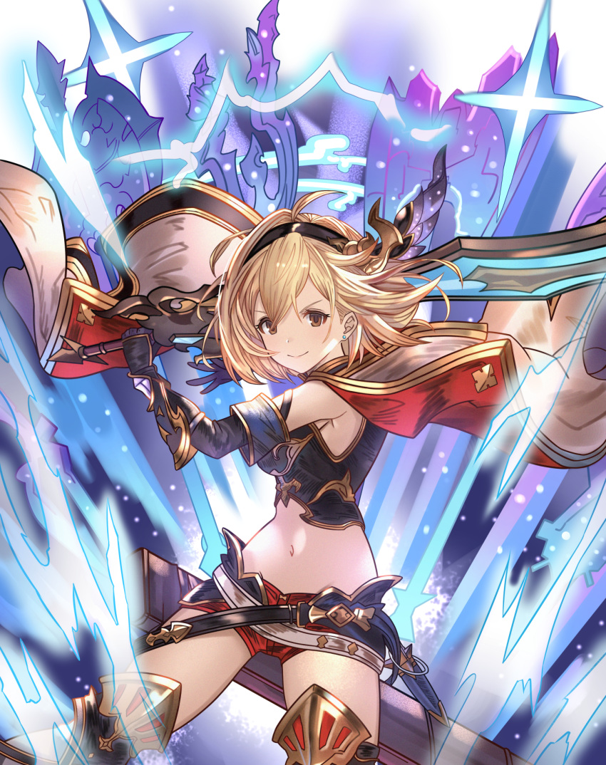 black_gloves blonde_hair brown_eyes closed_mouth conqueror_of_the_eternals djeeta_(granblue_fantasy) earrings elbow_gloves eyebrows female gloves granblue_fantasy hair_between_eyes hairband highres holding holding_sword holding_weapon jewelry legs_apart looking_at_viewer midriff mohurine_cute multiple_weapons navel short_shorts shorts smile solo sword weapon