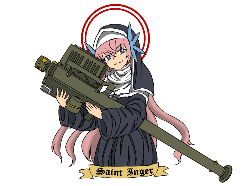 absurdres banner blue_eyes country_connection deculture female fim-92_stinger habit hair_ornament halo head_tilt highres holding holding_weapon long_hair maria_cadenzavna_eve non-web_source nun original pink_hair rocket_launcher russo-ukrainian_war senki_zesshou_symphogear simple_background smile st._inger traditional_nun virgin_mary weapon