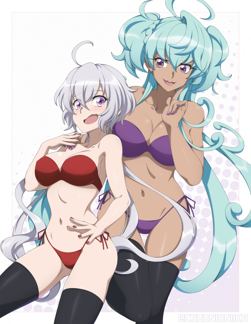 2girls absurdres ahoge aqua_hair artist_name between_breasts bikini black_legwear braid breasts cagliostro_(symphogear) chuunioniika collarbone commission dark-skinned_female dark_skin grey_hair highres hip_bones large_breasts long_hair low_twintails midriff multiple_girls nail_polish navel open_mouth purple_bikini purple_eyes red_bikini senki_zesshou_symphogear side-tie_bikini_bottom smile strapless strapless_bikini swimsuit thighhighs twintails two_side_up very_long_hair yukine_chris yuri