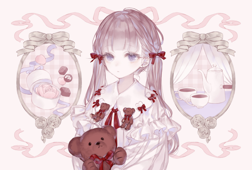 blue_eyes bow candy chocolate collar commentary cup female flower food frills hair_ribbon hairbow highres long_eyelashes long_hair long_sleeves looking_at_viewer low_twintails neck_ribbon original parted_lips picture_frame pink_background pink_hair puffy_long_sleeves puffy_sleeves red_bow red_ribbon ribbon rose simple_background solo stuffed_animal stuffed_toy symbol-only_commentary teacup teapot teddy_bear twintails upper_body yoggi_(stretchmen)