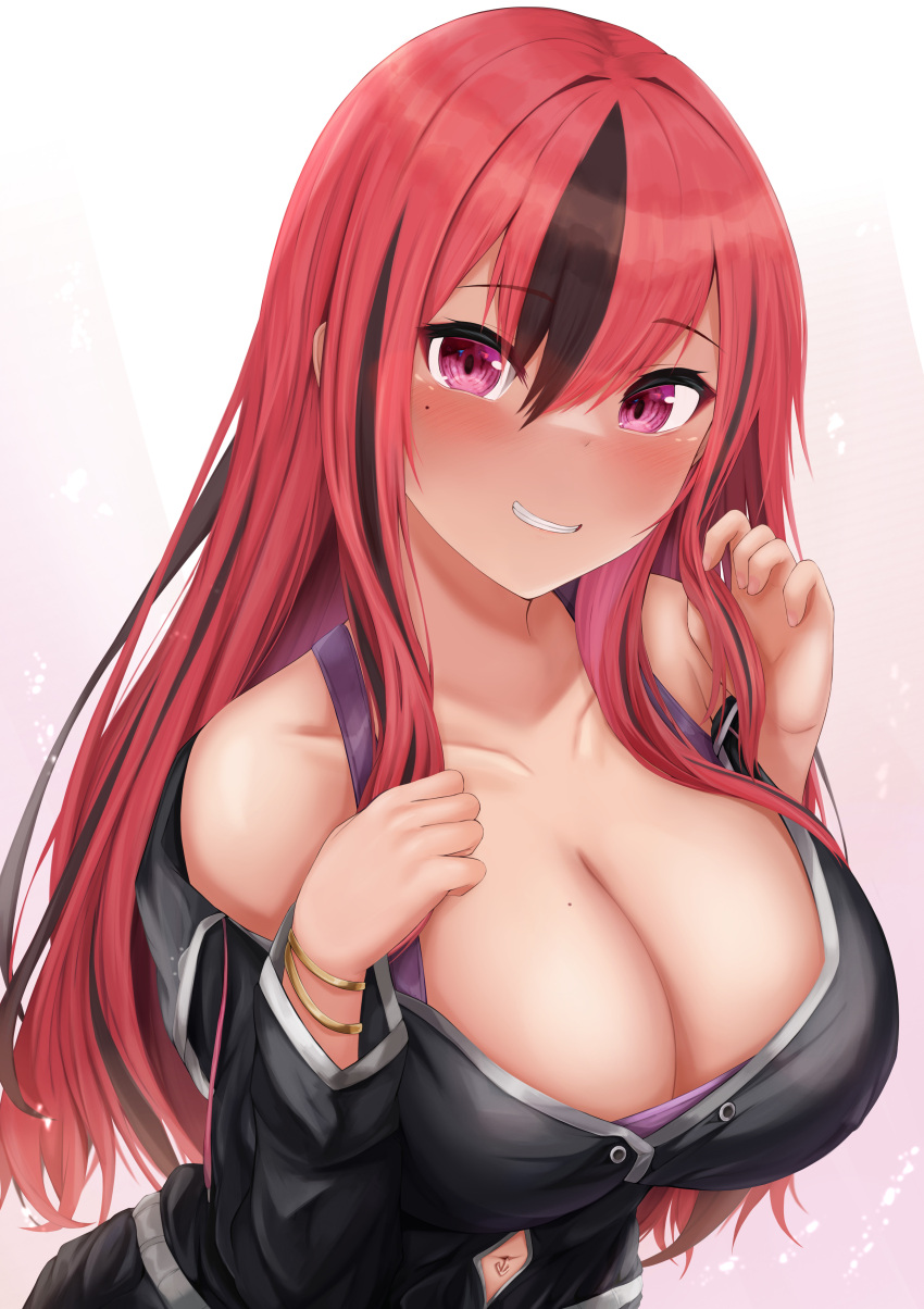 absurdres azur_lane bare_shoulders black_hair black_jacket black_shorts blush bracelet breasts bremerton_(azur_lane) bremerton_(relaxation_consultation)_(azur_lane) cleavage clothing_cutout collarbone commentary female gold_bracelet hair_between_eyes hair_down hands_up highres jacket jewelry large_breasts long_hair long_sleeves looking_at_viewer mole mole_on_breast mole_under_eye multicolored_hair navel navel_cutout navel_piercing off_shoulder official_alternate_costume official_alternate_hairstyle parted_lips piercing pink_eyes pink_hair purple_tank_top ryara shorts sidelocks smile solo standing streaked_hair tank_top two-tone_hair