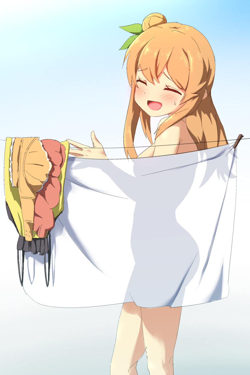 :d absurdres bed_sheet blush bra closed_eyes clothes_hanger female hair_bun hair_ornament highres hinatsuki_mikan long_hair machikado_mazoku naked_sheet nude oekakiism open_mouth orange_hair panties ribbon see-through_silhouette single_hair_bun smile solo underwear unworn_bra unworn_clothes unworn_panties