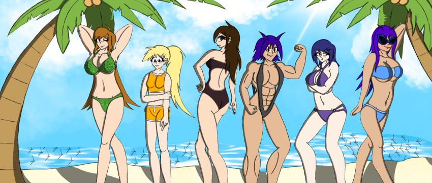 abs beach big_breasts bikini blaze_ember blonde_hair blue_hair blush cinder_ember embarrassed huge_breasts keeva_rojas leanne_greenleaf monokini multiple_girls muscles oc ocean old_art one_piece_swimsuit original original_characters palm_tree purple_hair rose_rozey sand small_breasts spark_knight sports_bikini swimsuit zelia_mizusawa