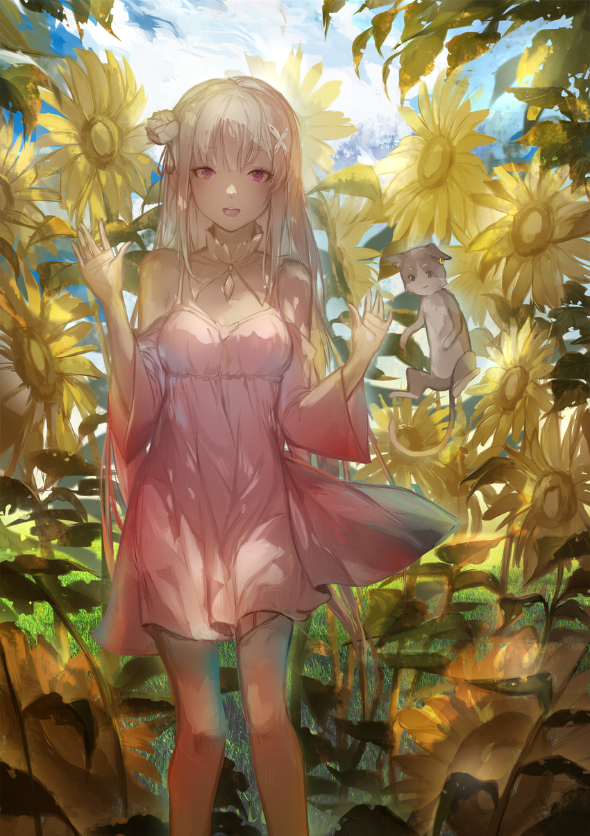 :d absurdres animal bare_shoulders blonde_hair cloud collarbone commentary day earrings elf emilia_(re:zero) feline female flower grey_hair hair_flower hair_ornament hair_ribbon highres jewelry long_hair open_mouth outdoors pink_eyes pointy_ears puck_(re:zero) re:zero_kara_hajimeru_isekai_seikatsu ribbon sa'yuki skirt sky smile standing sunflower waving white_flower x_hair_ornament yellow_flower