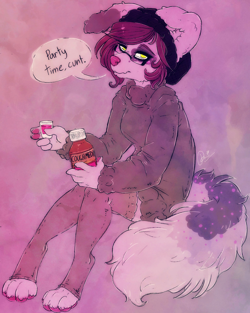 2014 4_toes anthro better_version_at_source beverage brown_hair canid canine clothed clothing dimmi_(character) dimwitdog feet female fingers fur hair hat headgear headwear hi_res mammal medicine paws purple_body purple_fur solo toes yellow_eyes