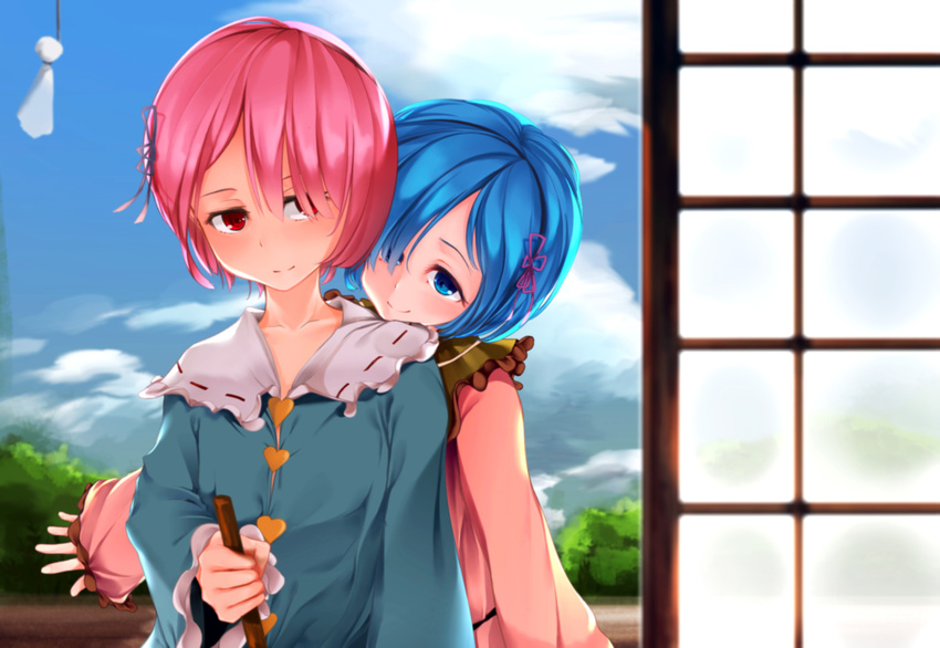 2girls an-telin bad_id bad_pixiv_id behind_another blouse blue_eyes blue_hair blue_shirt blue_sky cloud cosplay day flat_chest frilled_shirt_collar frilled_sleeves frills hair_over_one_eye hair_ribbon heart highres indoors ke-ta_(style) komeiji_koishi komeiji_koishi_(cosplay) komeiji_satori komeiji_satori_(cosplay) long_sleeves looking_at_another looking_to_the_side multiple_girls parody photoshop_(medium) pink_hair ram_(re:zero) re:zero_kara_hajimeru_isekai_seikatsu red_eyes rem_(re:zero) ribbon ribbon-trimmed_collar ribbon_trim shirt short_hair siblings sisters sky sliding_doors smile style_parody teruterubouzu touhou tree twins upper_body yellow_shirt