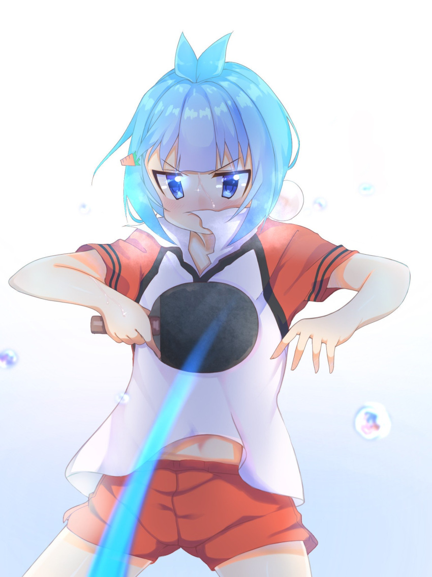 bad_id bad_pixiv_id blue_eyes blue_hair blunt_bangs blush carrot_hair_ornament collared_shirt female food-themed_hair_ornament gym_shorts hair_ornament highres itsumo_hokuto kerun leaning_back leaning_forward looking_at_viewer midriff paddle shakunetsu_no_takkyuu_musume shirt short_hair short_shorts short_sleeves shorts sidelocks solo standing stomach sweat sweatdrop table_tennis table_tennis_paddle v-shaped_eyebrows