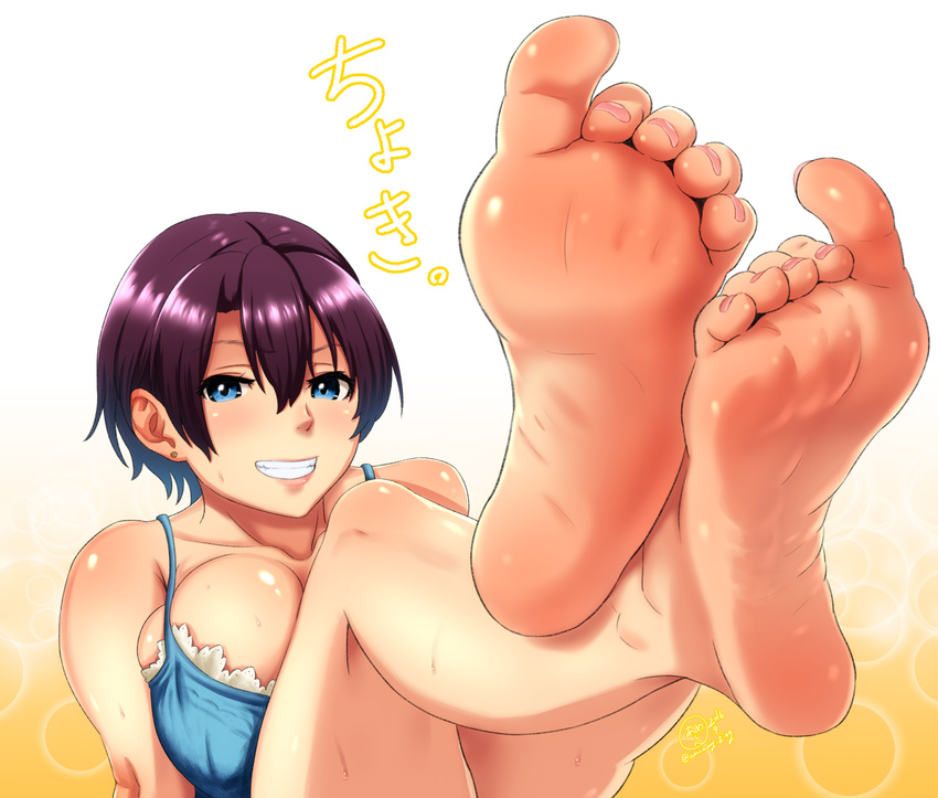 bad_feet bad_perspective bare_shoulders barefoot blue_eyes breasts collarbone commentary_request earrings feet feet_up female foot_focus grin highres jewelry k.ty_(amejin) large_breasts legs legs_up lips original purple_hair short_hair smile soles solo sweat toenails toes