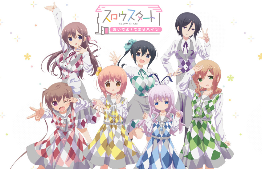 6+girls black_hair blue_eyes blush bow brown_eyes brown_hair copyright_name dress enami_kiyose green_eyes hair_ribbon hairbow hand_on_own_hip hannen_hiroe ichinose_hana kyouzuka_shion long_hair momochi_tamate multiple_girls official_art open_mouth photoshop_(medium) pink_hair purple_hair ribbon sengoku_kamuri short_hair side_ponytail slow_start smile tokura_eiko v wavy_mouth