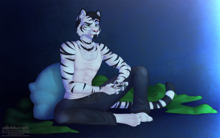 2019 4_toes 5_fingers alishka anthro avoid_posting barefoot biped black_hair digital_media_(artwork) edron_(mr-yiffy) feet felid fingers fur green_eyes hair male mammal pantherine pink_nose sitting solo striped_body striped_fur stripes tiger toes