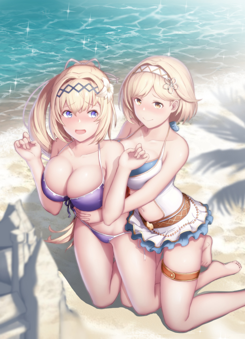 2girls alternate_breast_size alternate_costume bare_shoulders barefoot beach bikini bikini_skirt blonde_hair blue_eyes blush breasts brown_eyes cementite cleavage closed_mouth clothing_cutout collarbone commentary day djeeta_(granblue_fantasy) djeeta_(summer)_(granblue_fantasy) embarrassed feather_hair_ornament feathers flower from_above front-tie_bikini_top front-tie_top granblue_fantasy hair_between_eyes hair_flower hair_ornament hair_ribbon hairband highres hug hug_from_behind jeanne_d'arc_(granblue_fantasy) jeanne_d'arc_(summer)_(granblue_fantasy) kneeling large_breasts long_hair looking_at_another medium_breasts multiple_girls navel navel_cutout ocean official_alternate_costume one-piece_swimsuit open_mouth outdoors ponytail purple_bikini ribbon sand sand_castle sand_sculpture short_hair side-tie_bikini_bottom sidelocks swimsuit thigh_strap thighs water white_flower white_one-piece_swimsuit yuri