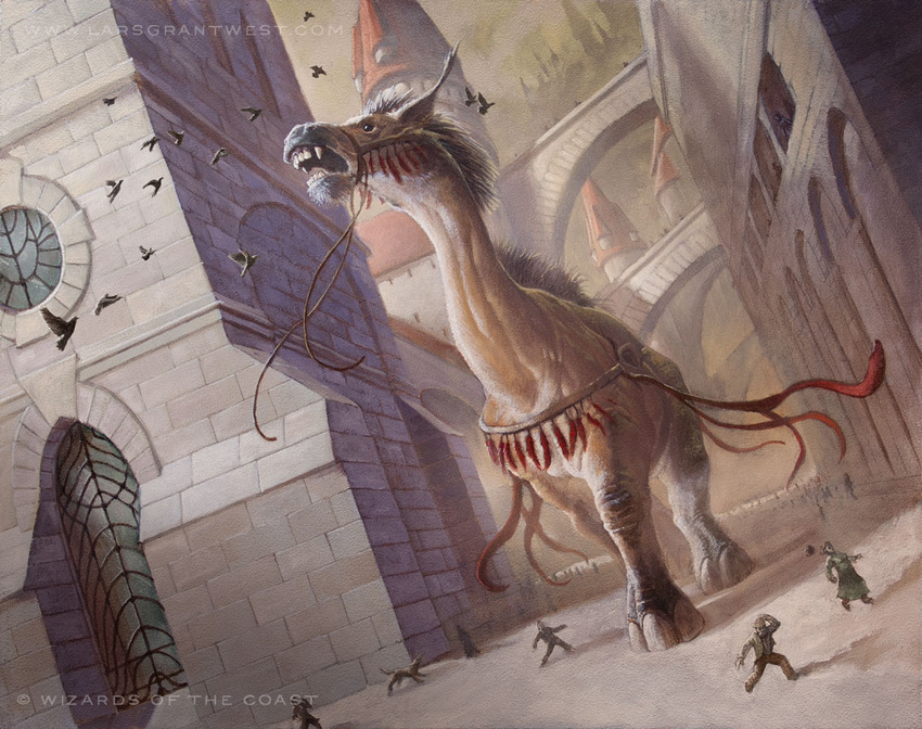 avian bird bridge building camelid canid canine canis city cityscape domestic_dog dutch_angle feral fleeing group hasbro human lars_grant-west long_neck macro magic:_the_gathering mammal official_art open_mouth quadruped reins restricted_palette signature solo_focus street text url