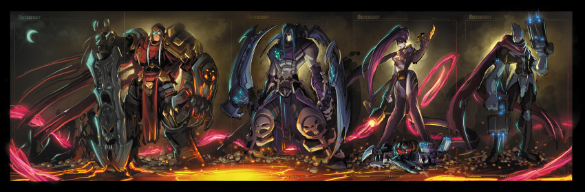 3boys artist_request black_hair character_request darksiders death_(darksiders) dual_wielding faceless female fury_(darksiders) glowing glowing_eyes gun highres holding holding_gun holding_scythe holding_sword holding_weapon holding_whip huge_weapon long_hair moon multiple_boys night no_pupils orange_eyes pale_skin purple_hair robduenas scythe short_hair strife_(darksiders) sword tagme war_(darksiders) weapon whip