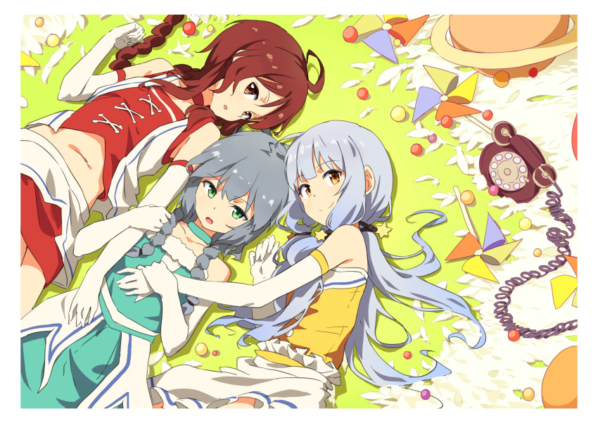 3girls absurdres antique_phone arm_grab bare_shoulders braid brown_eyes brown_hair closed_mouth commentary_request corded_phone elbow_gloves gloves green_eyes grey_hair hair_ornament hand_grab hand_on_another's_chest hand_up highres looking_at_viewer luo_tianyi lying multiple_girls navel on_back on_side orange_eyes phone pinwheel quad_tails red_skirt rotary_phone single_braid skirt smile star_(symbol) star_hair_ornament tomato_(lsj44867) twin_braids twintails vest vocaloid vsinger white_gloves white_skirt xingchen yuezheng_ling