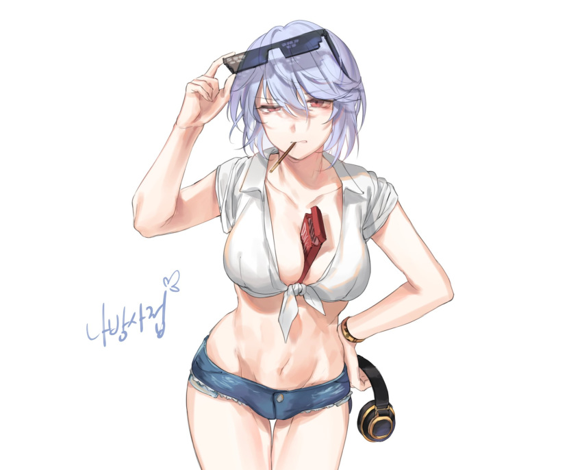 adjusting_eyewear bad_id bad_twitter_id between_breasts blue_hair box breasts cleavage clenched_teeth collarbone cowboy_shot crop_top deal_with_it_(meme) denim denim_shorts eyewear_on_head female food food_in_mouth front-tie_top girls'_frontline groin hair_between_eyes hand_on_own_hip hand_up headphones highres holding holding_headphones large_breasts looking_at_viewer meme midriff mouth_hold navel pocky red_eyes shan shirt short_hair short_shorts short_sleeves shorts signature simple_background solo standing stomach sunglasses teeth thighs thompson_(girls'_frontline) tied_shirt uneven_eyes v-shaped_eyebrows white_background white_shirt wing_collar wristband