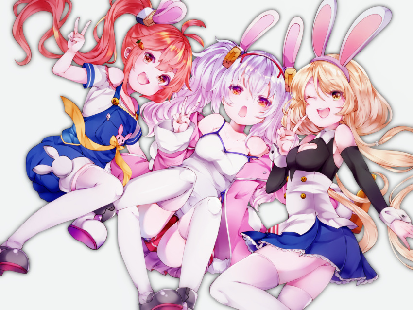 3girls animal_ears antenna_hair armpit_crease ass azur_lane bad_id bad_pixiv_id bailey_(azur_lane) bare_shoulders benson_(azur_lane) black_shirt blonde_hair blue_skirt blue_trim breasts buttons camisole carrot_hair_ornament cleavage cleavage_cutout clothing_cutout collarbone commentary_request cuff_links detached_sleeves double-breasted fake_animal_ears food-themed_hair_ornament frilled_skirt frills from_above fur-trimmed_jacket fur_trim grey_footwear hair_ornament hair_scrunchie headband heart_cutout highres jacket laffey_(azur_lane) looking_at_viewer low_twintails lying medium_breasts miniskirt multiple_girls off-shoulder_shirt off_shoulder on_back one_eye_closed open_clothes open_jacket open_mouth overall_shorts overalls panties pantyshot pink_hair pink_jacket platform_footwear pleated_skirt rabbit_ears red_eyes red_hair red_skirt scrunchie shirt short_sleeves shorts side_ponytail simple_background skirt sleeveless sleeveless_shirt small_breasts spaghetti_strap strap_slip striped_clothes striped_panties thighhighs twintails underbust underwear v white_background white_camisole white_hair white_shirt white_thighhighs wrist_cuffs yaekn yellow_eyes