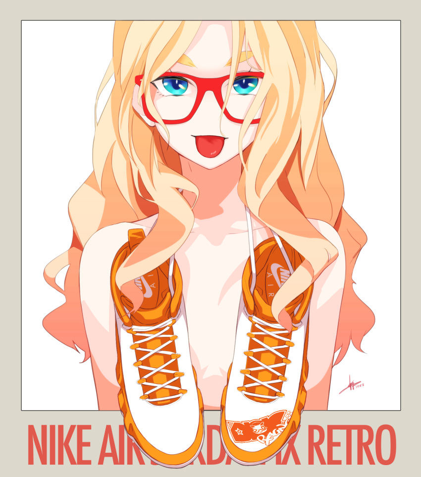 :p air_jordan air_jordan_9 blonde_hair blue_eyes border borrowed_character collarbone commentary_request cross-laced_footwear dekomegane emblem female flat_chest glasses grey_border highres long_hair looking_at_viewer nike_(company) no_nose nude orange_footwear original outside_border parted_lips red-framed_eyewear shoes shoes_around_neck sidelocks signature silenxe simple_background sneakers solo thick_eyebrows tongue tongue_out upper_body wavy_hair white_background white_footwear